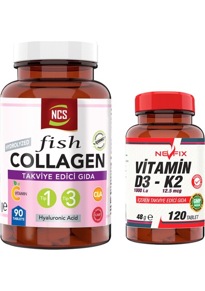 Kollajen Tip 1-3 90 Tablet & Nevfix Vitamin D3-K2 120 Tablet
