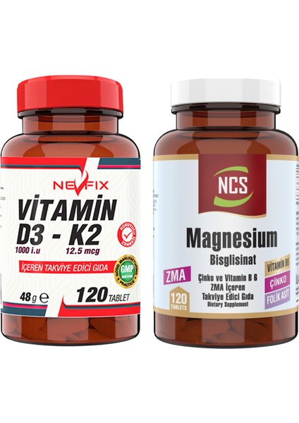 Zma Magnesium 120 Tablet & Nevfix Vitamin D3-K2 120 Tablet