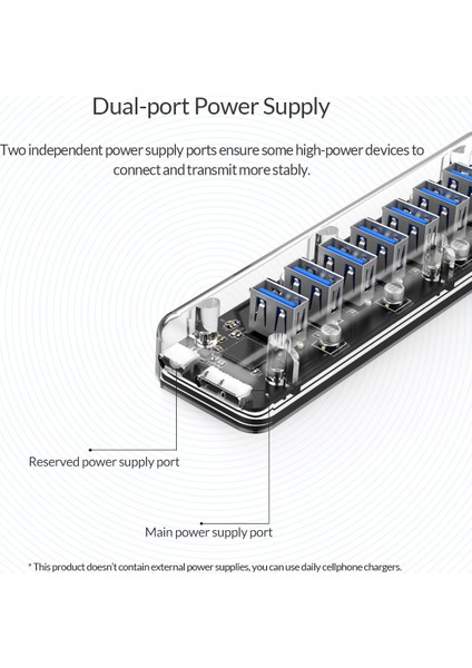 Orıco 7 Portlu Usb3.0 Yüksek Hızlı Şeffaf Çoklayıcı Hub, F7U-U3