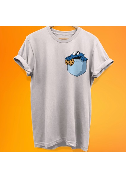Kurabiye Canavarı Cep Baskılı %100 Pamuk Oversize T-Shirt Büyük Beden Tişört