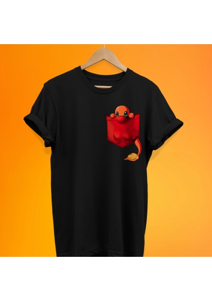 Charmender Cep Baskılı %100 Pamuk Oversize T-Shirt Büyük Beden Tişört