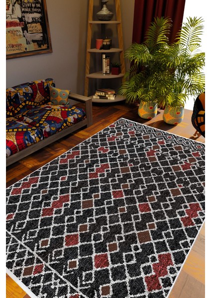 Kilim Desenli Otantik Eskitme Siyah Bordo Kaydırmaz Kesme Yıkanabilir Ince Halı