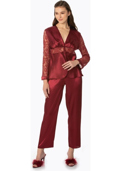 1121 Kadın Saten Dantelli Pijama Takımı-Bordo