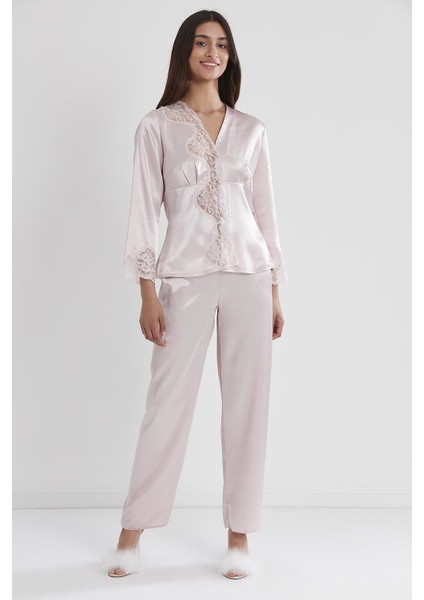 1160 Kadın Saten Dantelli Pijama Takımı-Pudra