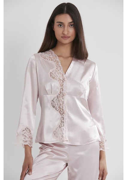 1160 Kadın Saten Dantelli Pijama Takımı-Pudra