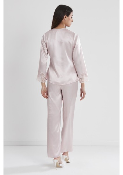 1160 Kadın Saten Dantelli Pijama Takımı-Pudra