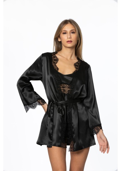 Saten Dantelli 3'lü Şort & Kombi & Sabahlık Takım 2490