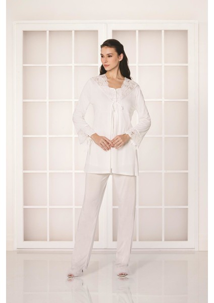 Güpürlü Penye 3'lü Pijama Takım - 3050