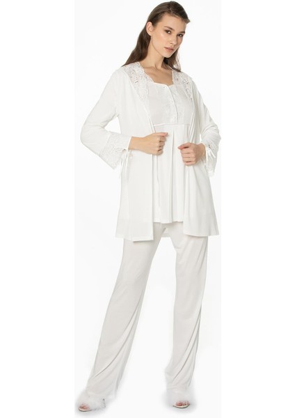 Güpürlü Penye 3'lü Pijama Takım - 3050 modelleri