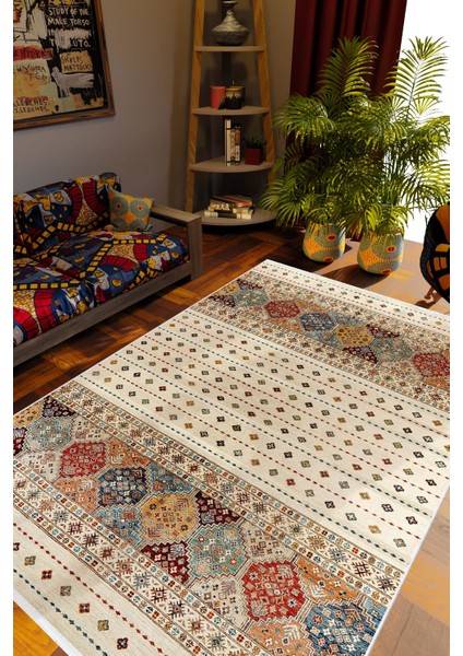 Kilim Desenli Otantik Eskitme Bej Kaydırmaz Kesme Yıkanabilir Ince Halı