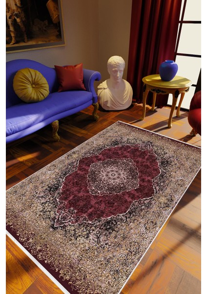 Salon Halısı Eskitme Kahverengi Bordo Kaydırmaz Kesme Yıkanabilir Ince Halı
