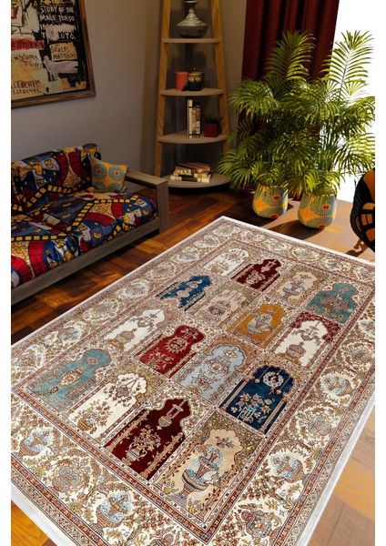 Kilim Desenli Otantik Eskitme Bej Kaydırmaz Kesme Yıkanabilir Ince Halı