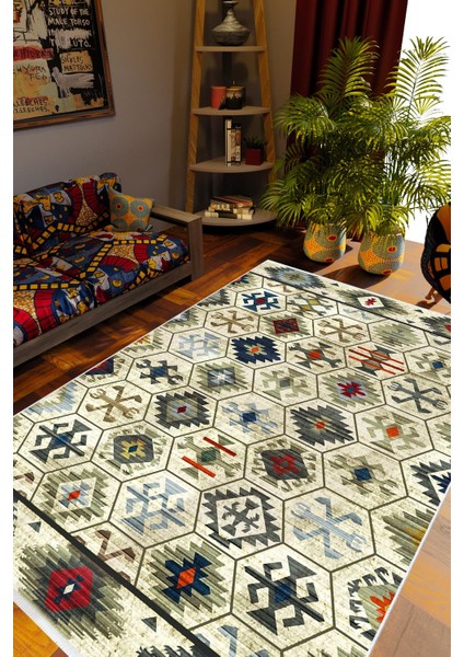 Kilim Desenli Otantik Eskitme Yeşil Kaydırmaz Kesme Yıkanabilir Ince Halı