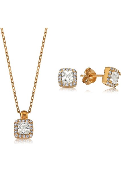 Baget Taşlı Minimal Kare Tektaş Rose Renk Gümüş Mini Set