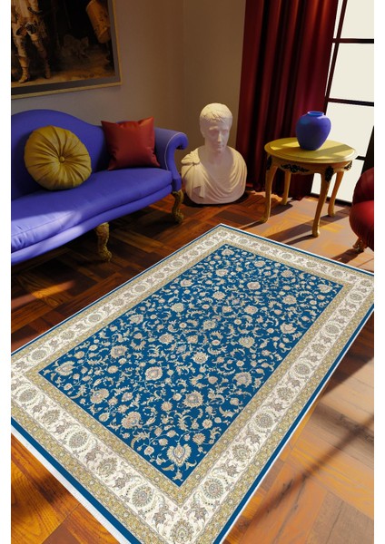 Salon Halısı Eskitme Klasik Lacivert Mavi Ekru Bej Kaydırmaz Kesme Yıkanabilir Ince Halı