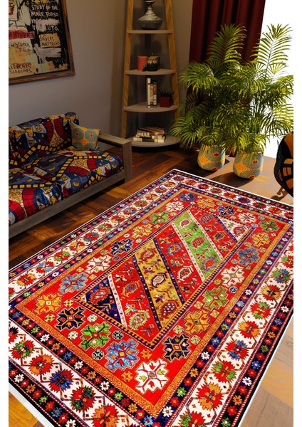 Kilim Desenli Otantik Eskitme Kırmızı Kaydırmaz Kesme Yıkanabilir Ince Halı
