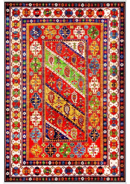 Kilim Desenli Otantik Eskitme Kırmızı Kaydırmaz Kesme Yıkanabilir Ince Halı