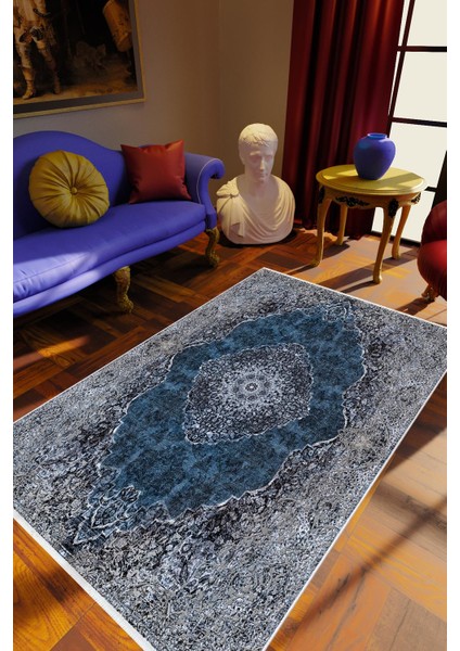 Salon Halısı Eskitme Lacivert Gri Mavi Kaydırmaz Kesme Yıkanabilir Ince Halı