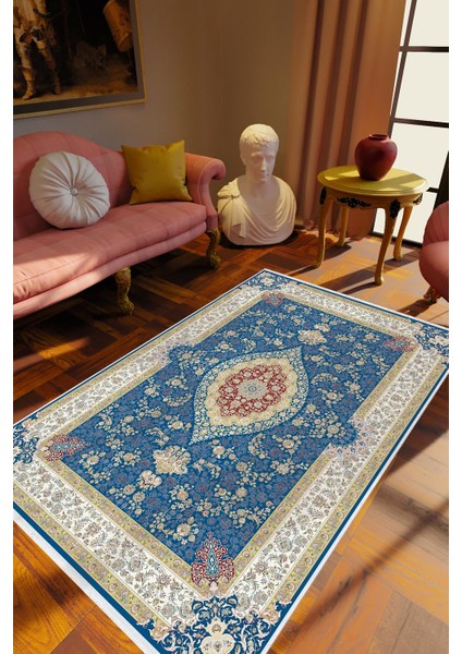 Salon Halısı Eskitme Mavi Bej Bordo Kaydırmaz Kesme Yıkanabilir Ince Halı