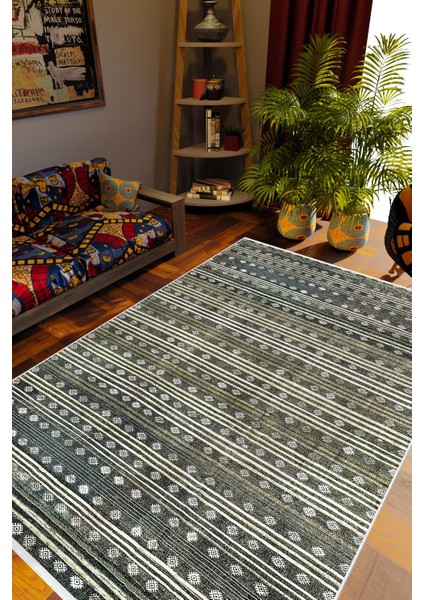 Kilim Desenli Otantik Eskitme Gri Kahverengi Siyah Kaydırmaz Kesme Yıkanabilir Ince Halı