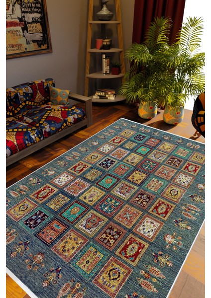 Kilim Desenli Otantik Eskitme Lacivert Kaydırmaz Kesme Yıkanabilir Ince Halı