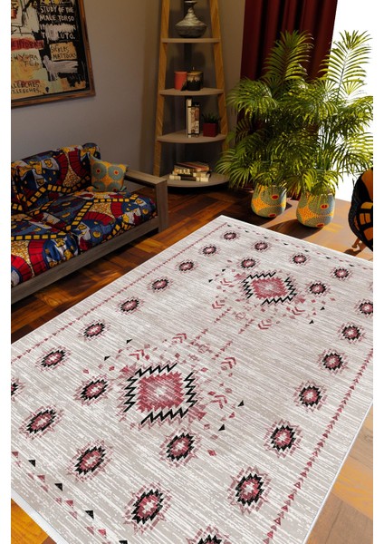 Kilim Desenli Otantik Eskitme Ekru Gri Gülkkurusu Kaydırmaz Kesme Yıkanabilir Ince Halı