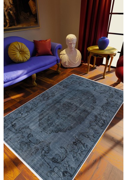 Salon Halısı Eskitme Lacivert Gri Kaydırmaz Kesme Yıkanabilir Ince Halı