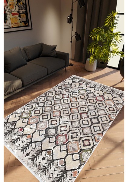 Modern Retro Gri Kaydırmaz Kesme Yıkanabilir Ince Halı
