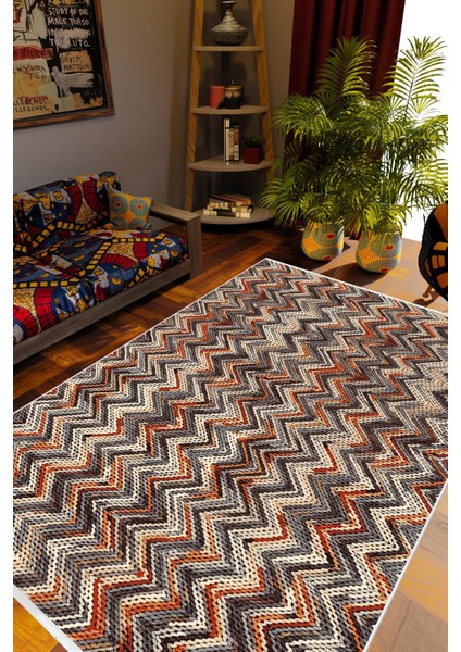 Kilim Desenli Otantik Eskitme Zikzak Kahverengi Kaydırmaz Kesme Yıkanabilir Ince Halı