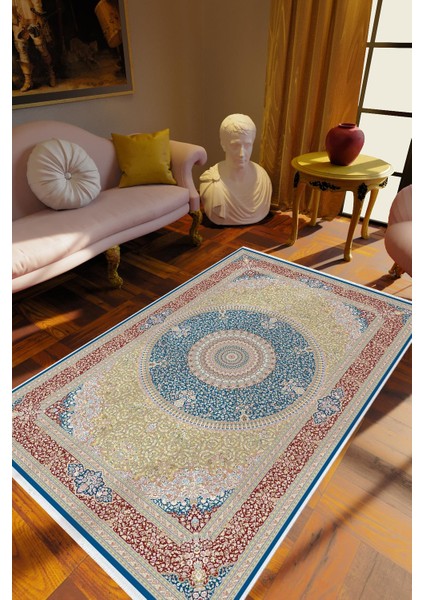 Salon Halısı Eskitme Mavi Kaydırmaz Kesme Yıkanabilir Ince Halı