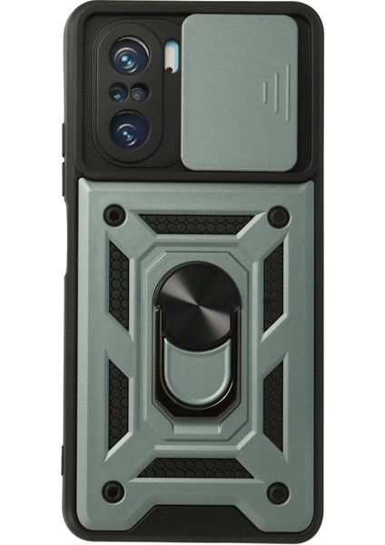 Xiaomi Poco F3 Kılıf Tank Lens Sürgülü Yüzüklü Silikon - Yeşil