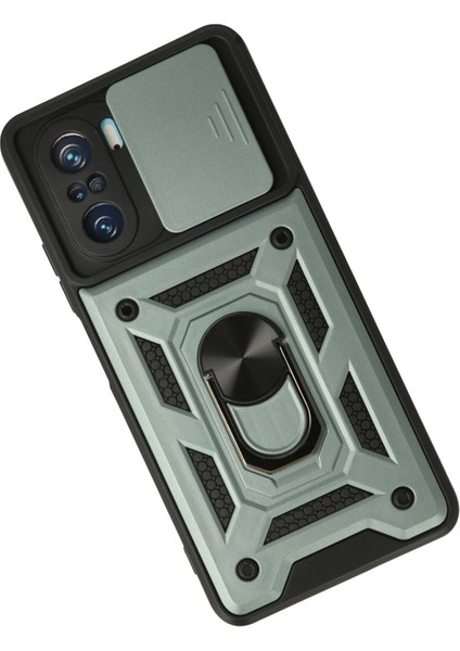 Xiaomi Poco F3 Kılıf Tank Lens Sürgülü Yüzüklü Silikon - Yeşil fiyatları