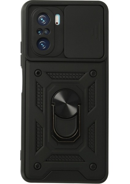 Xiaomi Poco F3 Kılıf Tank Lens Sürgülü Yüzüklü Silikon - Siyah