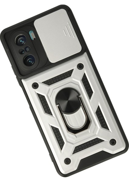 Xiaomi Redmi K40 Kılıf Tank Lens Sürgülü Yüzüklü Silikon - Gümüş fiyatları