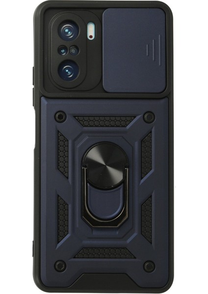 Xiaomi Redmi K40 Kılıf Tank Lens Sürgülü Yüzüklü Silikon - Lacivert