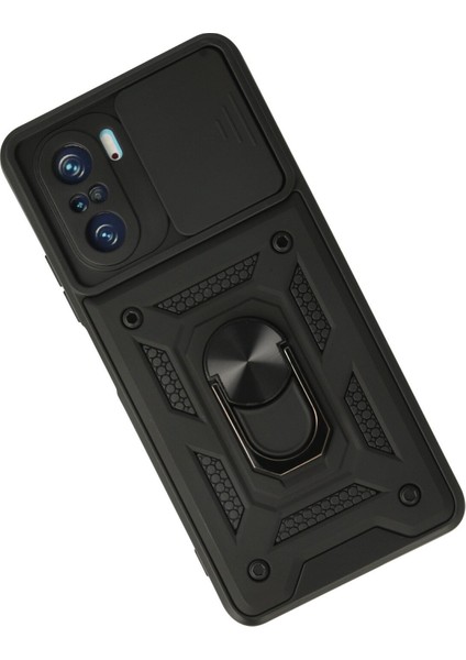 Xiaomi Redmi K40 Kılıf Tank Lens Sürgülü Yüzüklü Silikon - Siyah fiyatları