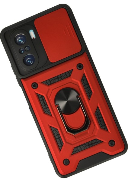 Xiaomi Redmi K40 Kılıf Tank Lens Sürgülü Yüzüklü Silikon - Kırmızı fiyatları