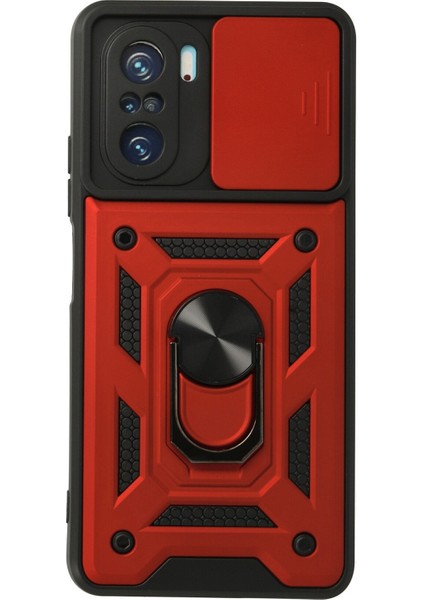 Xiaomi Redmi K40 Pro Kılıf Tank Lens Sürgülü Yüzüklü Silikon - Kırmızı