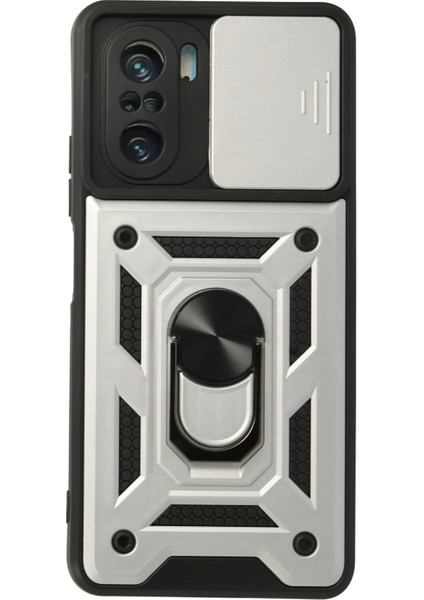 Xiaomi Redmi K40 Pro Kılıf Tank Lens Sürgülü Yüzüklü Silikon - Gümüş