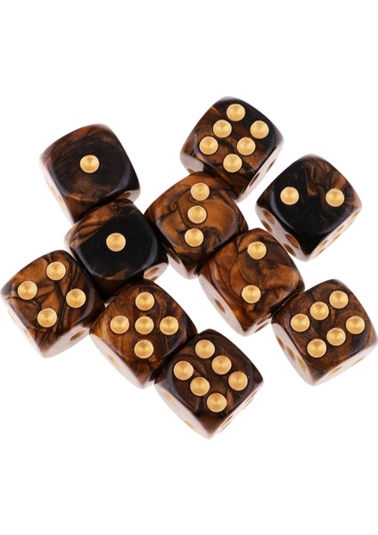 10 Adet Renkli Zar, (Altı Taraflı), 16MM, D6 Siyah + Altın (Yurt Dışından)