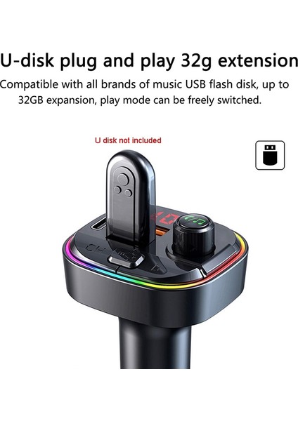 C13 Çok Fonksiyonlu Araba Çift USB Pd Hızlı Şarj Bluetooth Fm Verici Atmosfer Işık ile (Yurt Dışından)