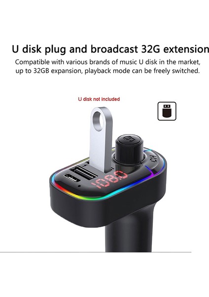 C12 Çok Fonksiyonlu Araç Çift USB Şarj Bluetooth Fm Verici Atmosfer Işık ile (Yurt Dışından)