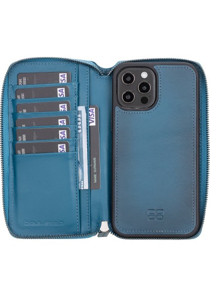 Mw Pouch Deri Telefon Kılıfı iPhone 12 Pro Max BRN4EF Mavi Rfıd