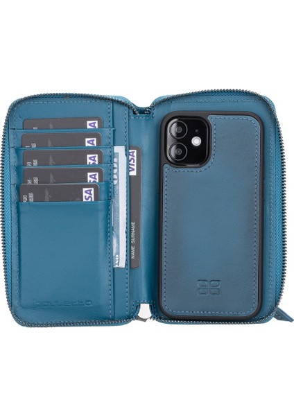 Mw Pouch Deri Telefon Kılıfı iPhone 12 Mini BRN4EF Mavi Rfıd