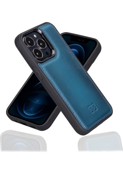 Apple iPhone 13 Pro Uyumlu Deri Arka Kapak Magsafe BRN4EF Mavi