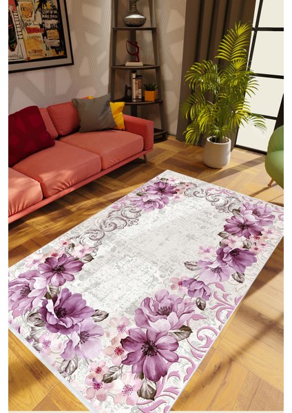 Figürlü Çiçekli Gri Mor Kaydırmaz Kesme Yıkanabilir Ince Halı