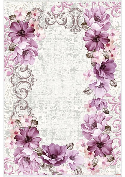 Figürlü Çiçekli Gri Mor Kaydırmaz Kesme Yıkanabilir Ince Halı fiyatları