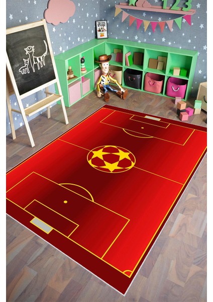 Çocuk Halısı Figürlü Sarı Saha Kırmızı Kaydırmaz Kesme Yıkanabilir Ince Halı
