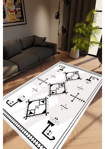 Modern Geometrik Beyaz Siyah Kaydırmaz Kesme Yıkanabilir Ince Halı