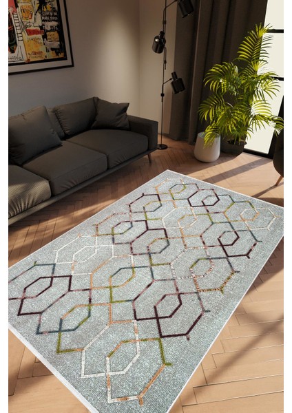 Modern Geometrik Gri Gold Kaydırmaz Kesme Yıkanabilir Ince Halı